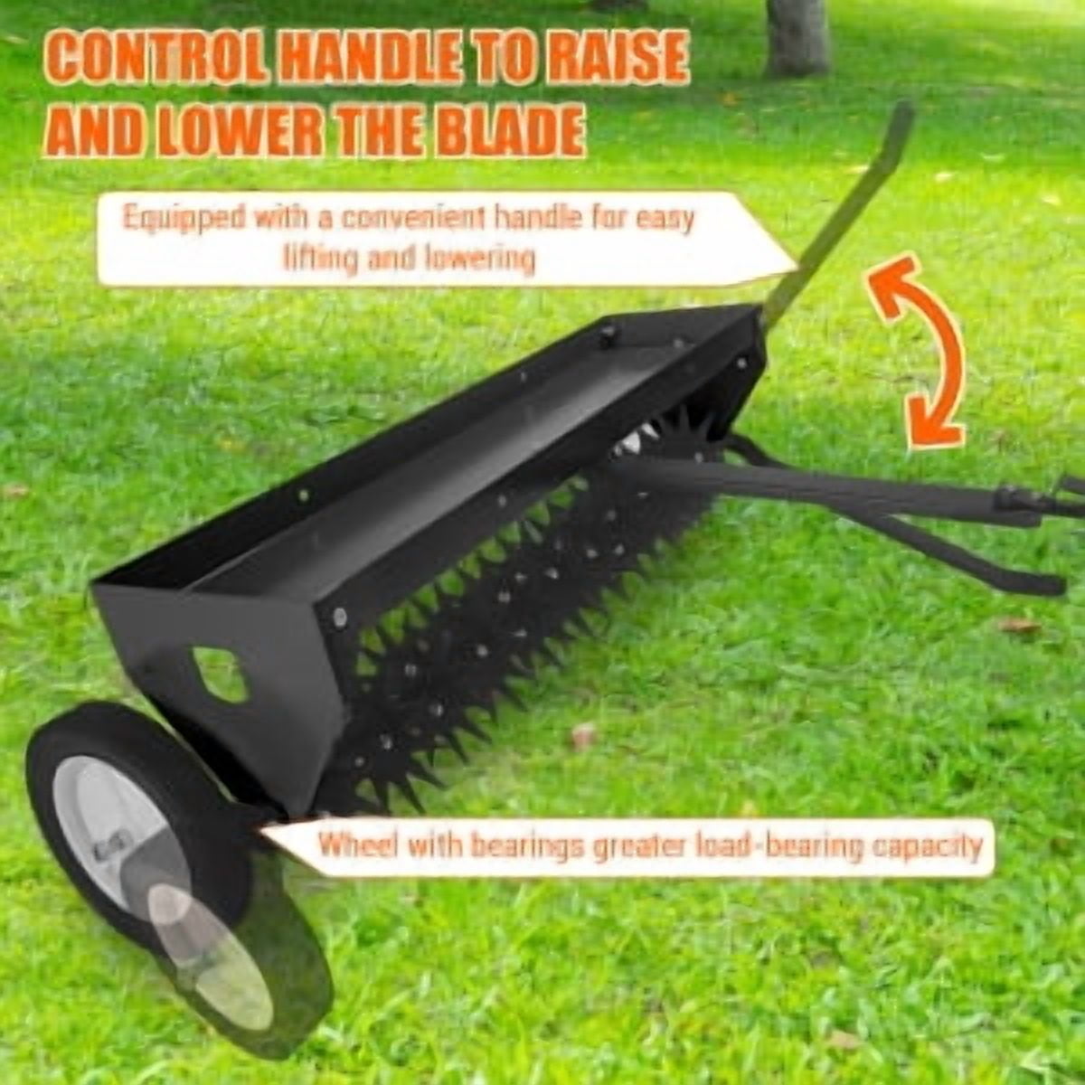 Rugerasy 40Inch Tow Behind Aerator,Tow Behind Plug Aerator with Transport Wheels,Steel Teeth,Tray,Pull Behind Aerator with Adjustable Handle for Farm,Garden,Black