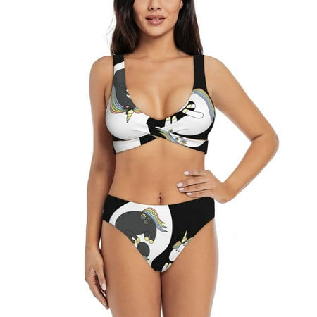Zeuib Unicorn in Yoga High Waisted Tummy Control Bikini Set - Knot Front Push Up Top & Cheeky Thong Bottom  Two-Piece Swimsuit for Women-Small