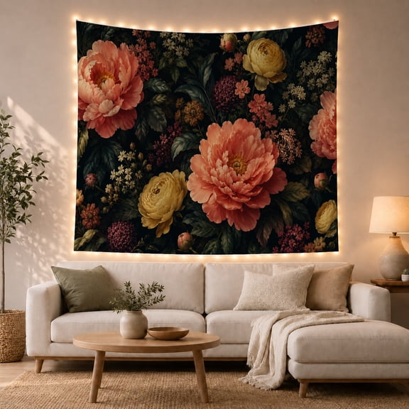 Coral-Pink and Yellow Peonies Against Dark Green Foliage, Romantic Vintage for Botanical Art Lovers, Floral Wall Decor, Anniversary Gift, Tapestry Wall Hanging for Bedroom and Living Room