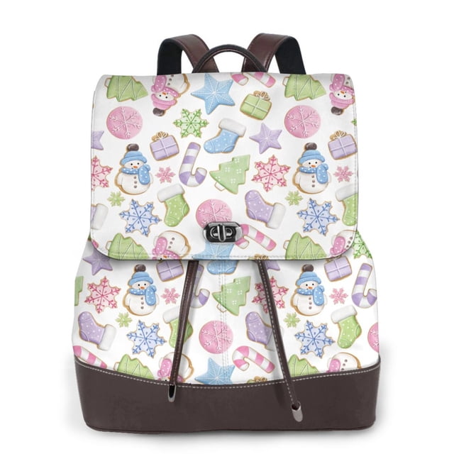 Xecao Pastel Christmas Cookies Pattern Women's Leather Backpack for School, Work, Travel - Stylish PU Leather, Spacious Design, Zipper Closure
