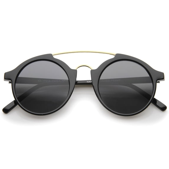 sunglassLA Unisex Modern Metal Brow Bar Tinted Lens Round Sunglasses (Shiny Black / Smoke) - 46mm