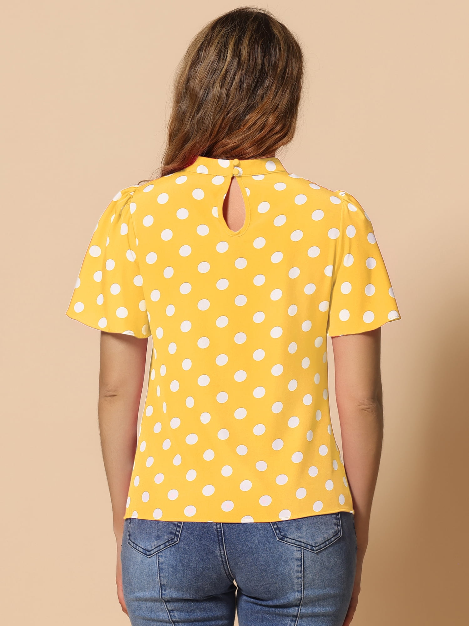 DARING DIVA Polka Dots Stand Collar Short Sleeve Top XS Yellow
