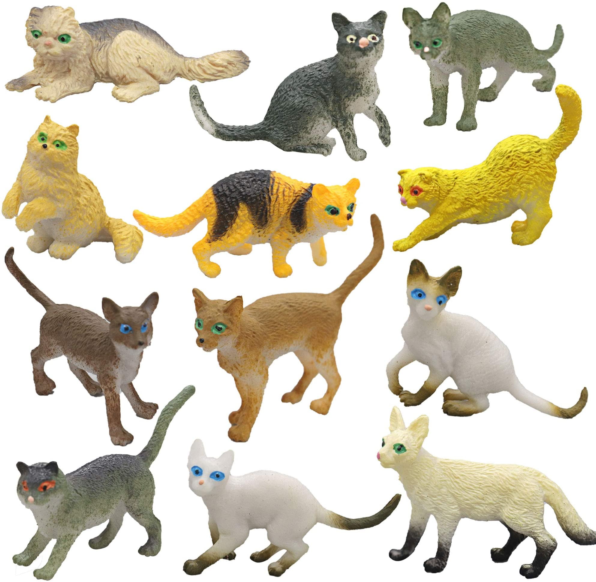12 PLASTIC CAT FIGURES FELINE FUN PARTY GOODY BAGS TREAT BOXES CUPCAKE TOPPERS
