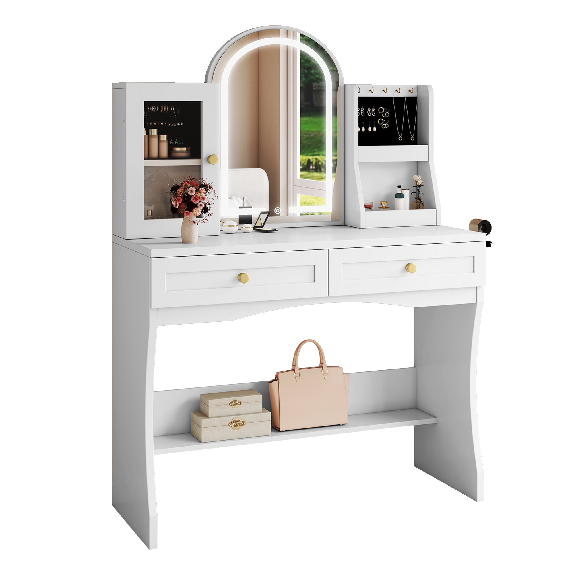 Uforic Makeup Vanity Desk with LED Mirror & Light, 2 Drawers, Jewelry Shelves, White