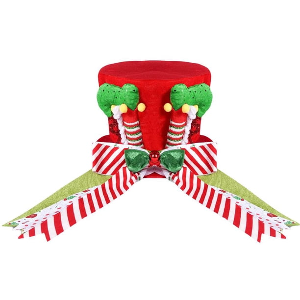 SGACAI Adorno para la copa del árbol de Navidad, sombrero para la copa del árbol de Navidad, sombrero rojo grande con lazo de rayas, sombrero de copa para adornos de árbol de Navidad, adornos de me