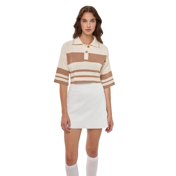 Striped Crop Sweater with Polo Shirt Collar