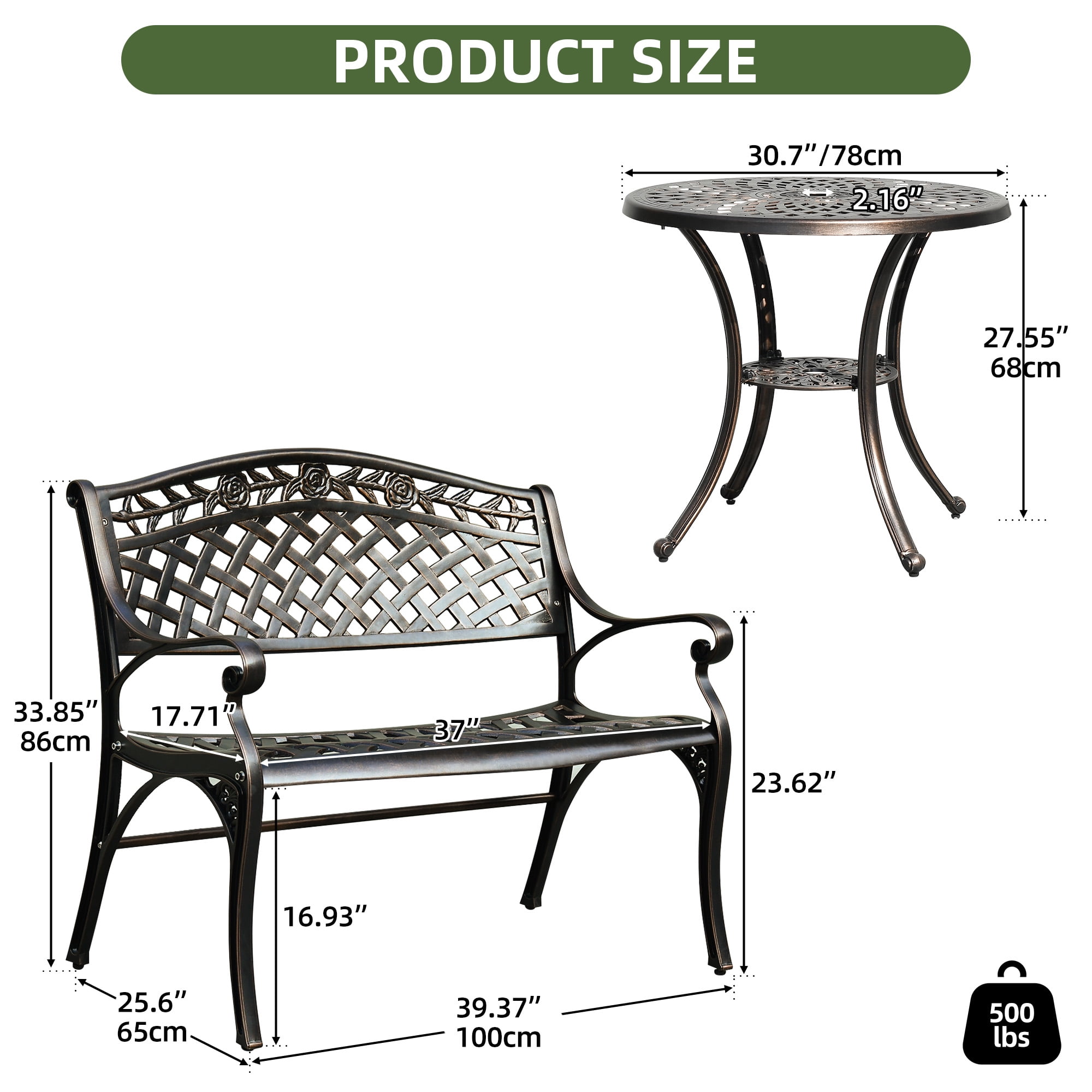 Uforic Cast Aluminum Outdoor Metal Garden Bench with Round Patio Dining Table with Umbrella Hole,Outside Dining Bench Set