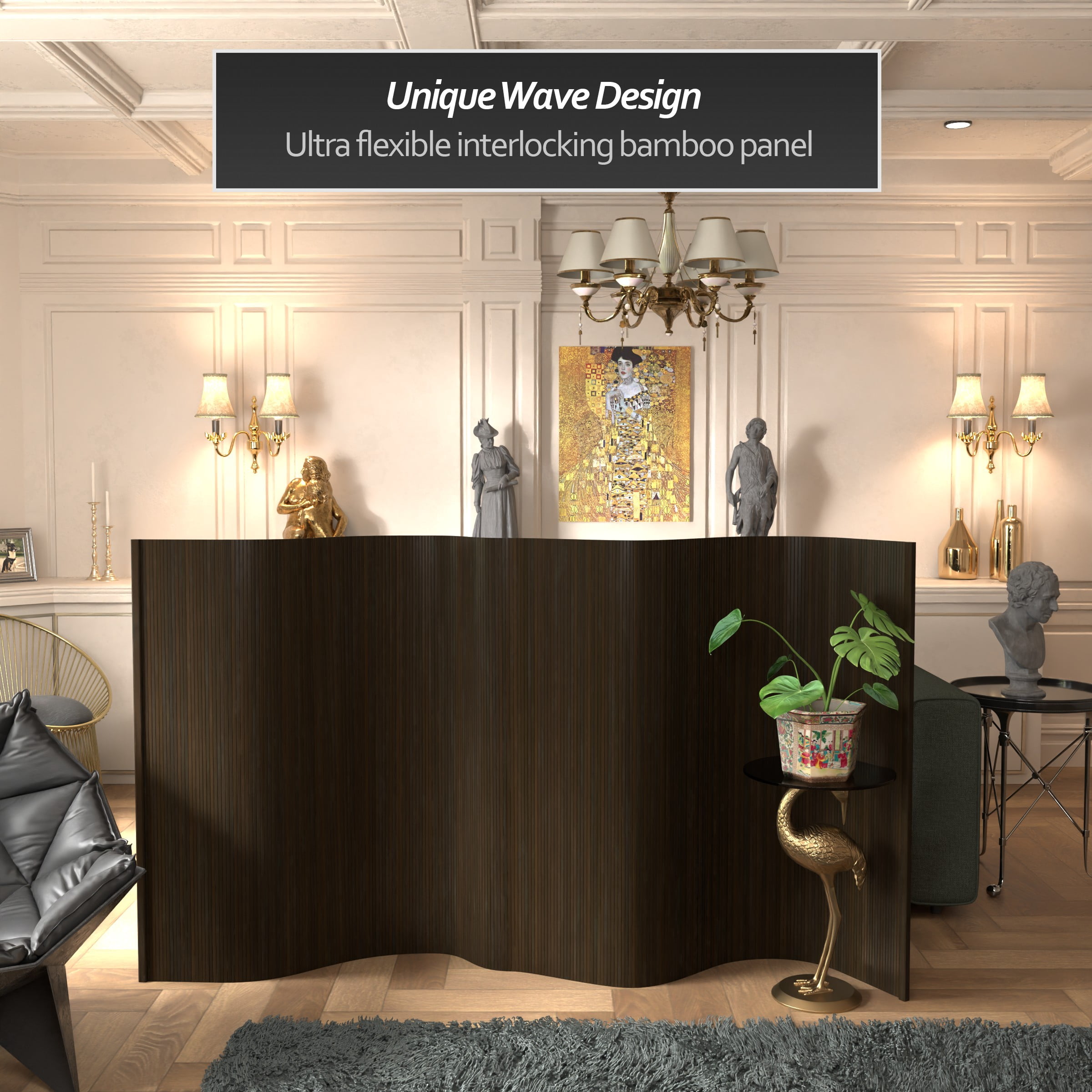 4 ft. Short Bamboo Wave Screen Room Divider in Dark Mocha with Rollup Design