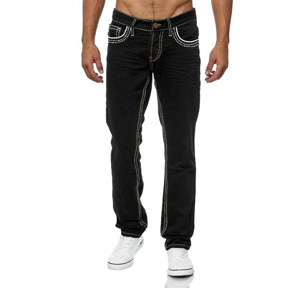 Men's Straight Leg Black Jeans - Classic Fit Denim Trousers with Comfort Stretch - Black, Large