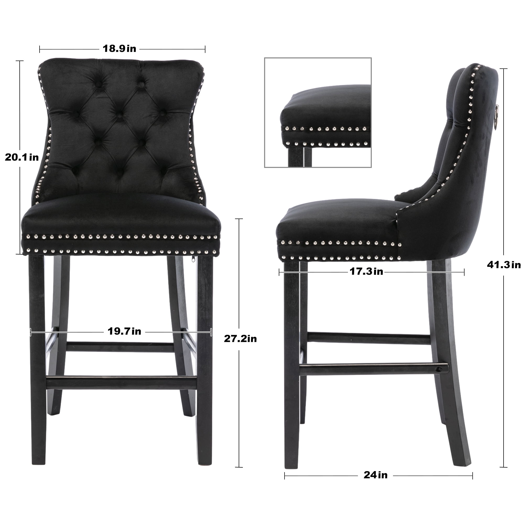DONICK Velvet Counter Height Bar Stools Set of 2,Button Tufted Back Bar Chair Nailhead Back Pull Tab Wooden Leg(Black)
