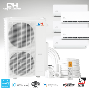 Cooper & Hunter 48000 BTU 230V Wall Mounted Five 5 Zone Mini Split Heat Pump Air Conditioner 9K 9K 9K 9K BTU Cover 2000 Sq Ft WiFi