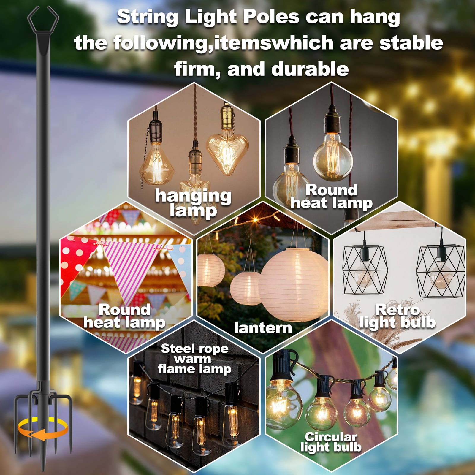 10Ft 6 Pack String Light Poles ,Light Poles for Outside Lights,Outdoor with Fence Brackets Hanging Lights,Metal Stand Deck Patio Backyard