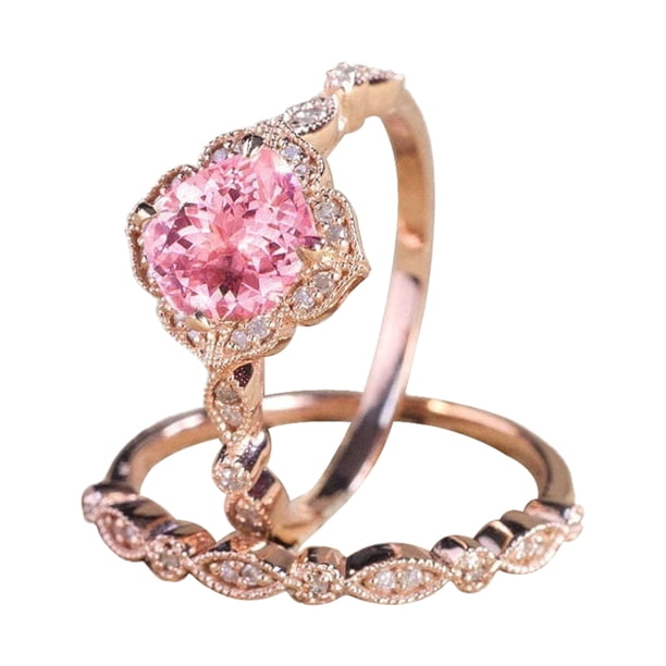 Vintage Floral Champagne Anillo de Compromiso Rosa Alianza de Boda Set