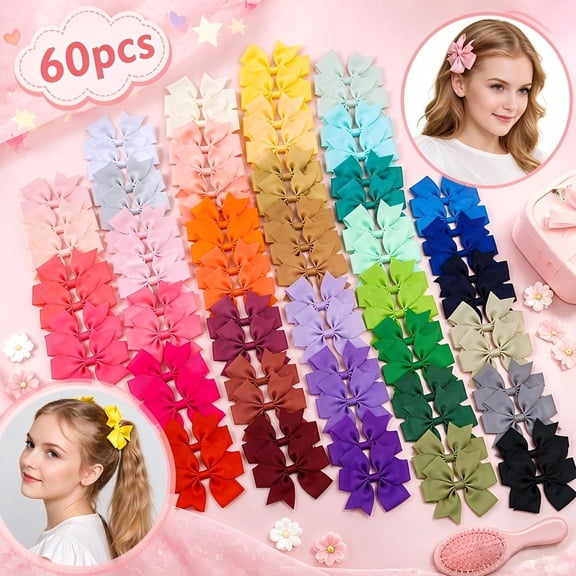 60pcs 3 Inches Grosgrain Ribbon Pinwheel Hair Bows, Boutique Hair Clips Set for Girls, Birthday Party Gifts