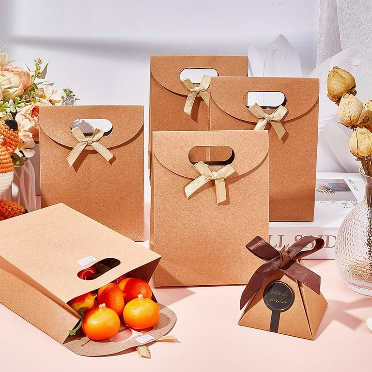 24 Pcs Kraft Paper Bags Stand Up Gift Bag with Ribbon Bowknot