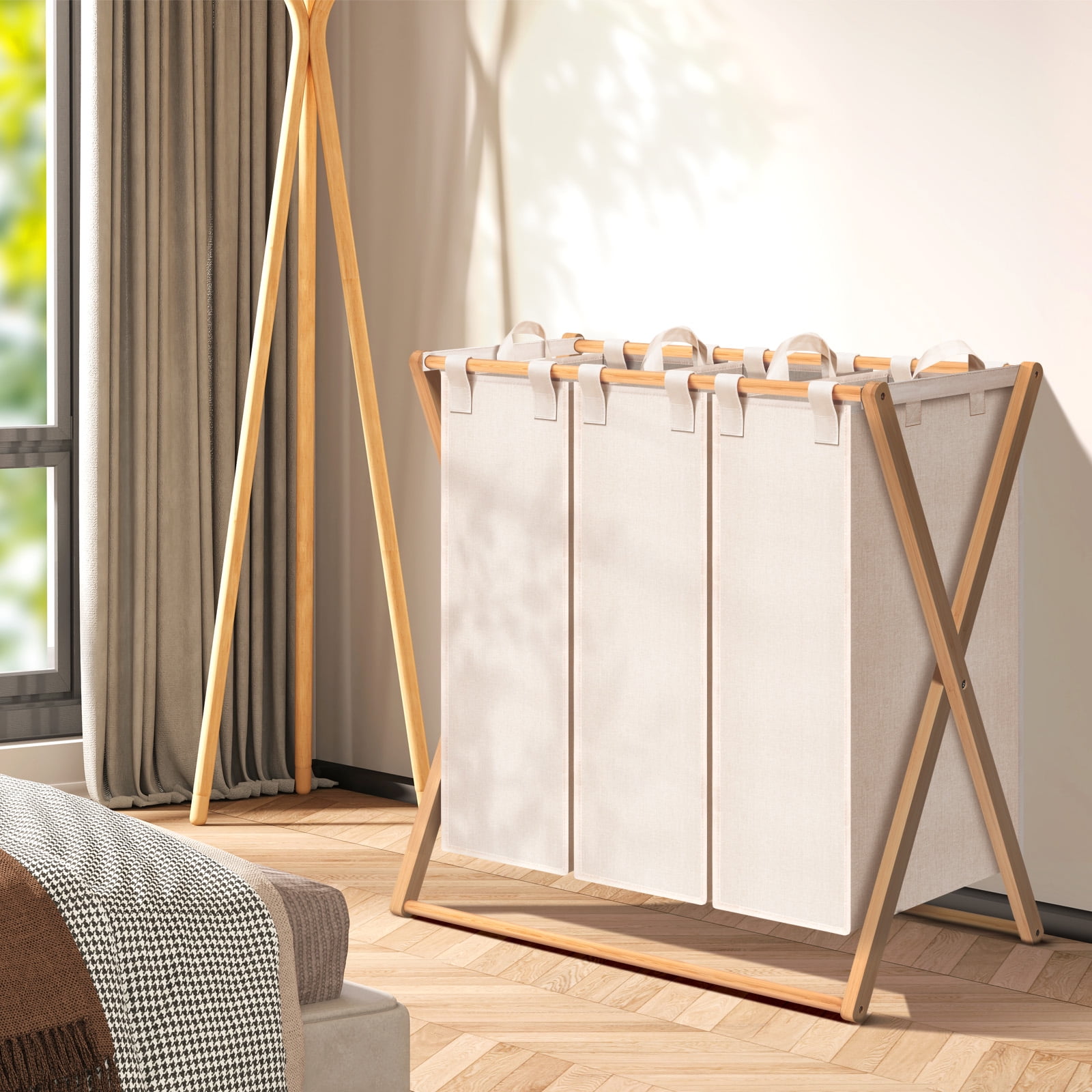 150L Laundry Hamper,Collapsible Laundry Basket,Bamboo Clothes Hamper,Foldable Hamper for Bedroom, Laundry Room, Bathroom, Beige