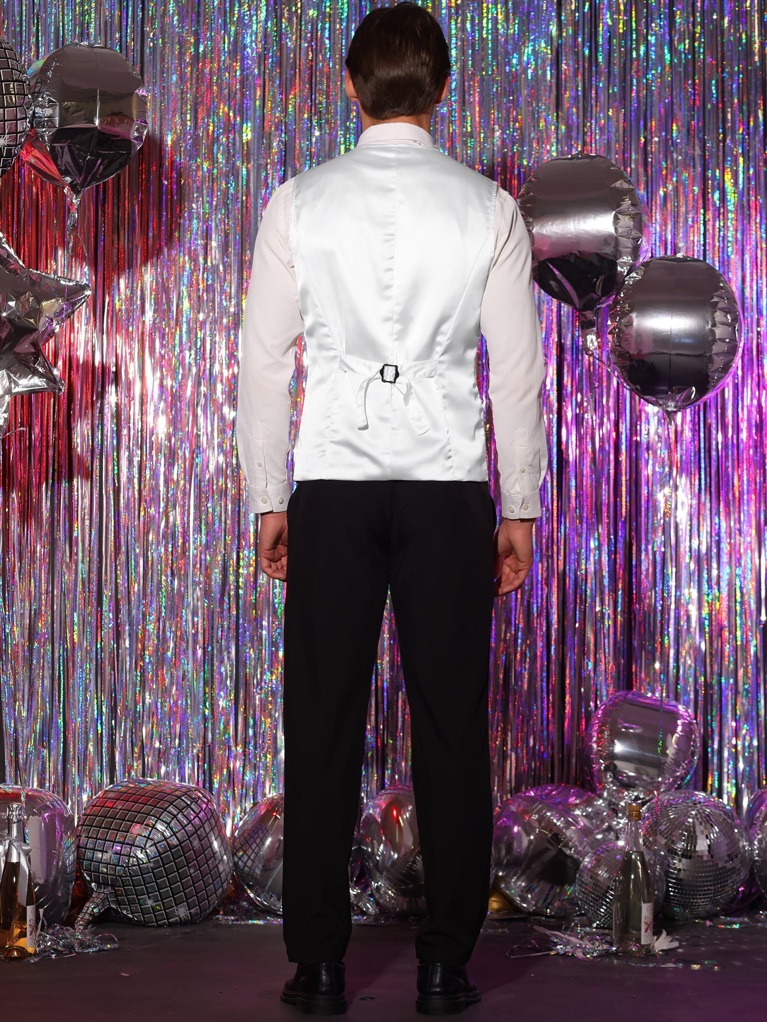 Unique Bargains Men's Disco Shiny Sequin Vest Suit Waistcoat Set with Bow Tie XL Pink