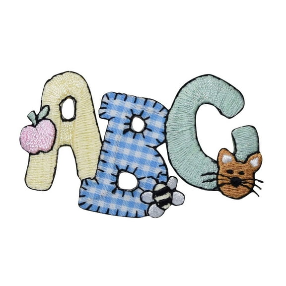ABC - Gingham with Flower, Bee, and Cat - Iron On Embroidered Applique Patch