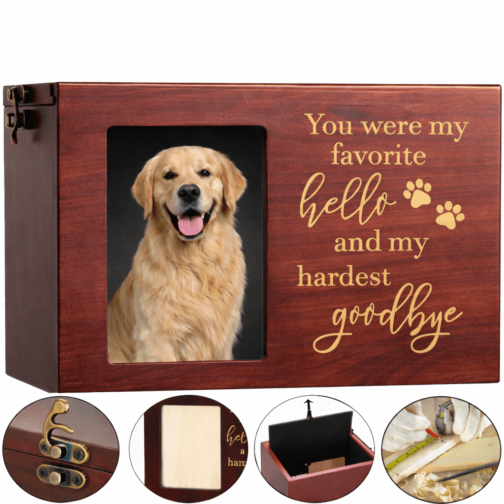 Pet Memorial Urn, Large Wooden Cremation Urn with Photo Frame, Keepsake Memory Box for Dog and Cat Ashes, Black Flannel Lining