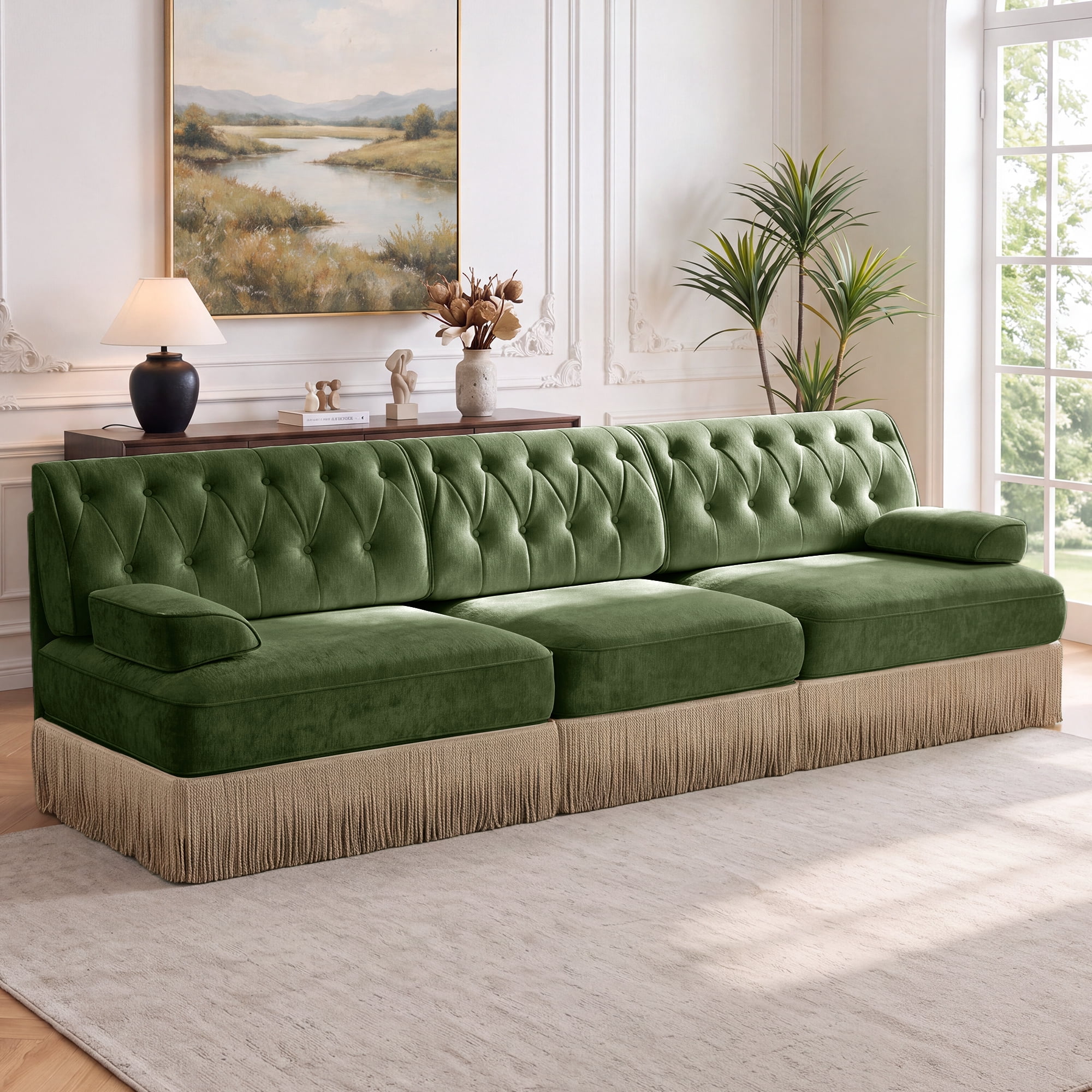 106" Velvet Fabric 3-Seater Sofa with Tassel Fringe Skirt and Button Tufted Design, Easy to Assemble