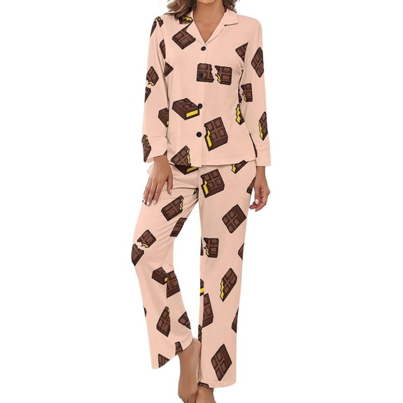 Top-kevin Women's Pajama Sets Chocolate Bar Pattern Long Sleeve Lounge Sets Pjs Sleepwear with Pockets