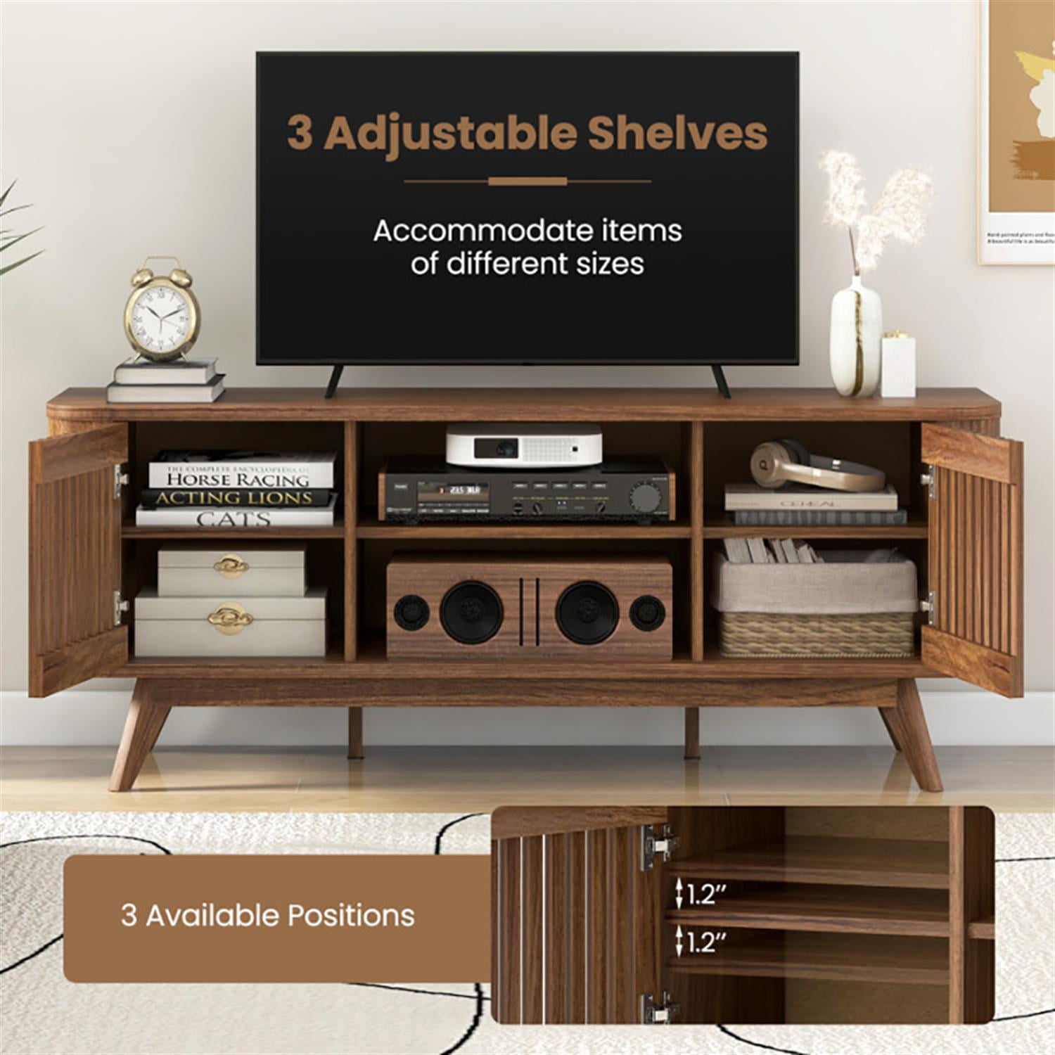 Demi Bonn 2-Door TV Stand for 60" TVs, Entertainment Center with Adjustable Shelves, Modern Media TV Console Table for Living Room Bedroom, Brown