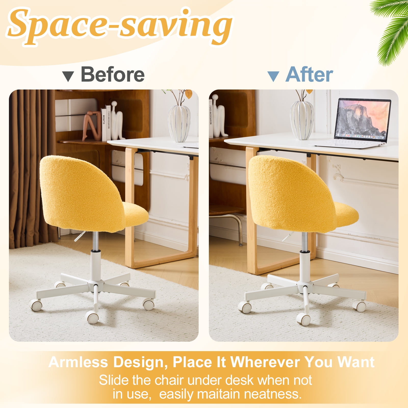 Ktaxon Armless Home Office Desk Chair Cute Mid Back Vanity Stool Teddy Velvet Swivel Task Chairs with Wheels Yolk Yellow