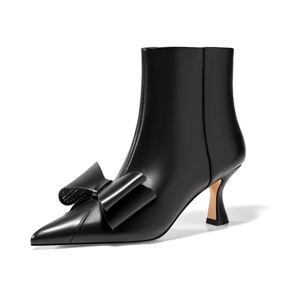 Women Rhinestone Bow Ankle Boots Pointed-Toe, Low Kitten Heel, Stylish Formal Booties
