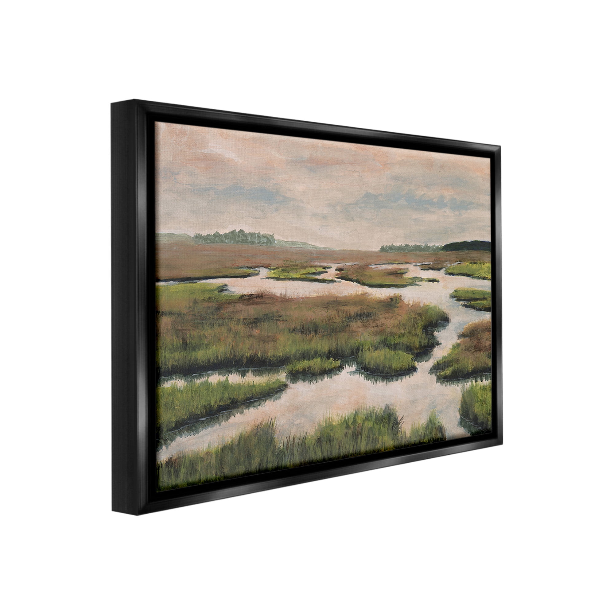 Stupell Industries Asymmetrical Stream Nature Landscape Painting Black Floater Framed Canvas Art Print Wall Art, 31 x 25