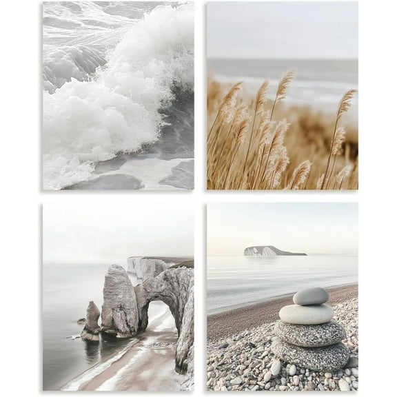 4 Pack Beach and Unframed Waterproof Canvas Wall Relaxing Art Decor 8" x 10" Ocean Landscape Canvas Wall Poster for Home Office Bathrooms Library Bedrooms Living Room Decor Mixed Color