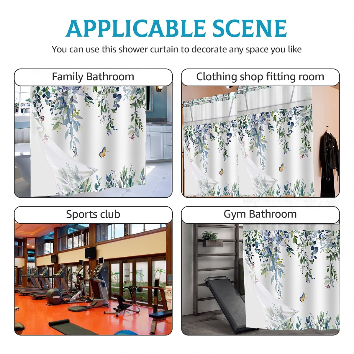 Dznils No Hook Shower Curtain with Snap-in Liner, Blue Eucalyptus Fabric Bathroom Curtain, 72" x 74"