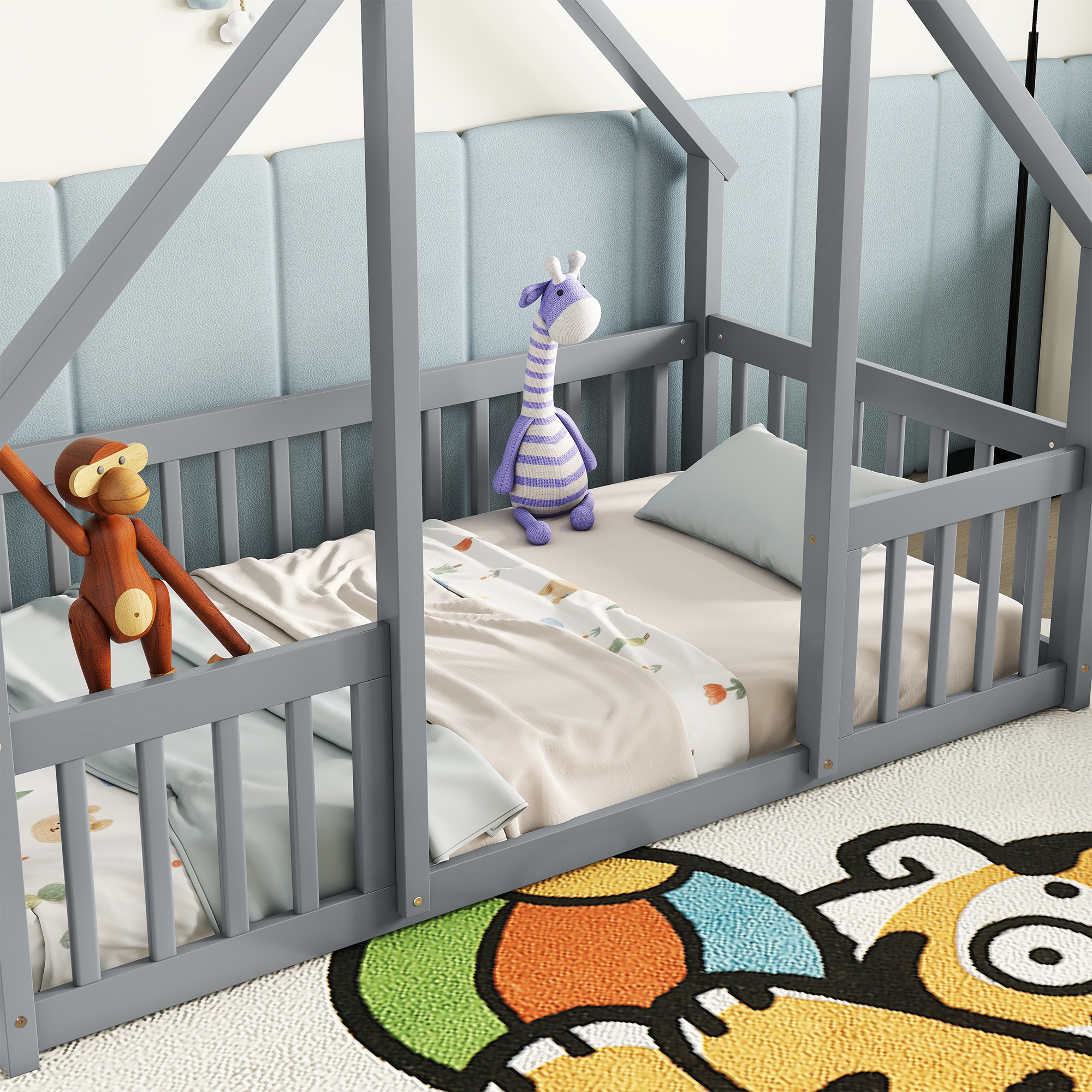 Leumius Twin Wood House-Shaped Floor Bed with Fence, Guardrails for Boys Girls Grey