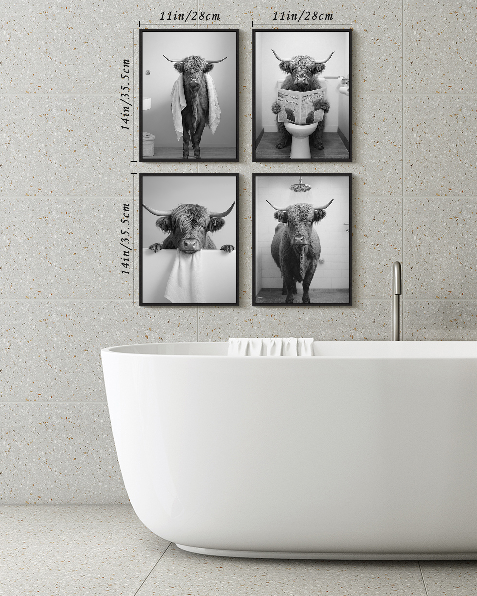 Drsoum Funny Highland Cow Bathroom Wall Ar Black and White Rustic Cute Bathroom Prints for Bathroom Restroom Decor 11x14in4pcs Black Framed