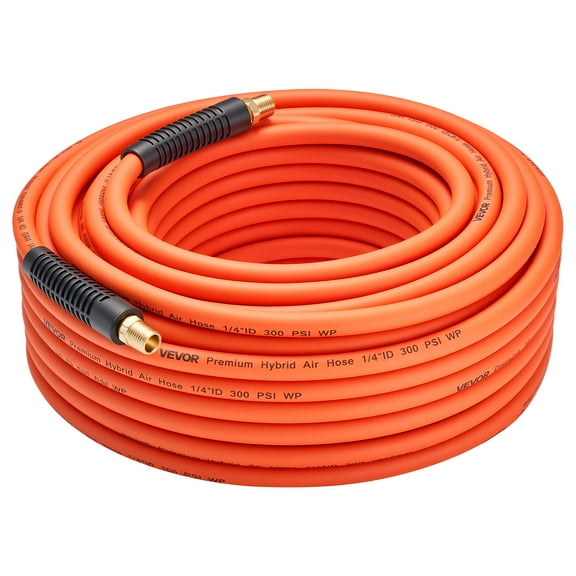 VEVOR Air Hose, 1/4" x 100ft Hybrid Air Hose, Lightweight, Kink Resistant, Pneumatic Hoses with 1/4 inch Solid Brass Male Fitting, Three-Layer Hybrid Material, 300 PSI, All-Weather Flexibility,Orange