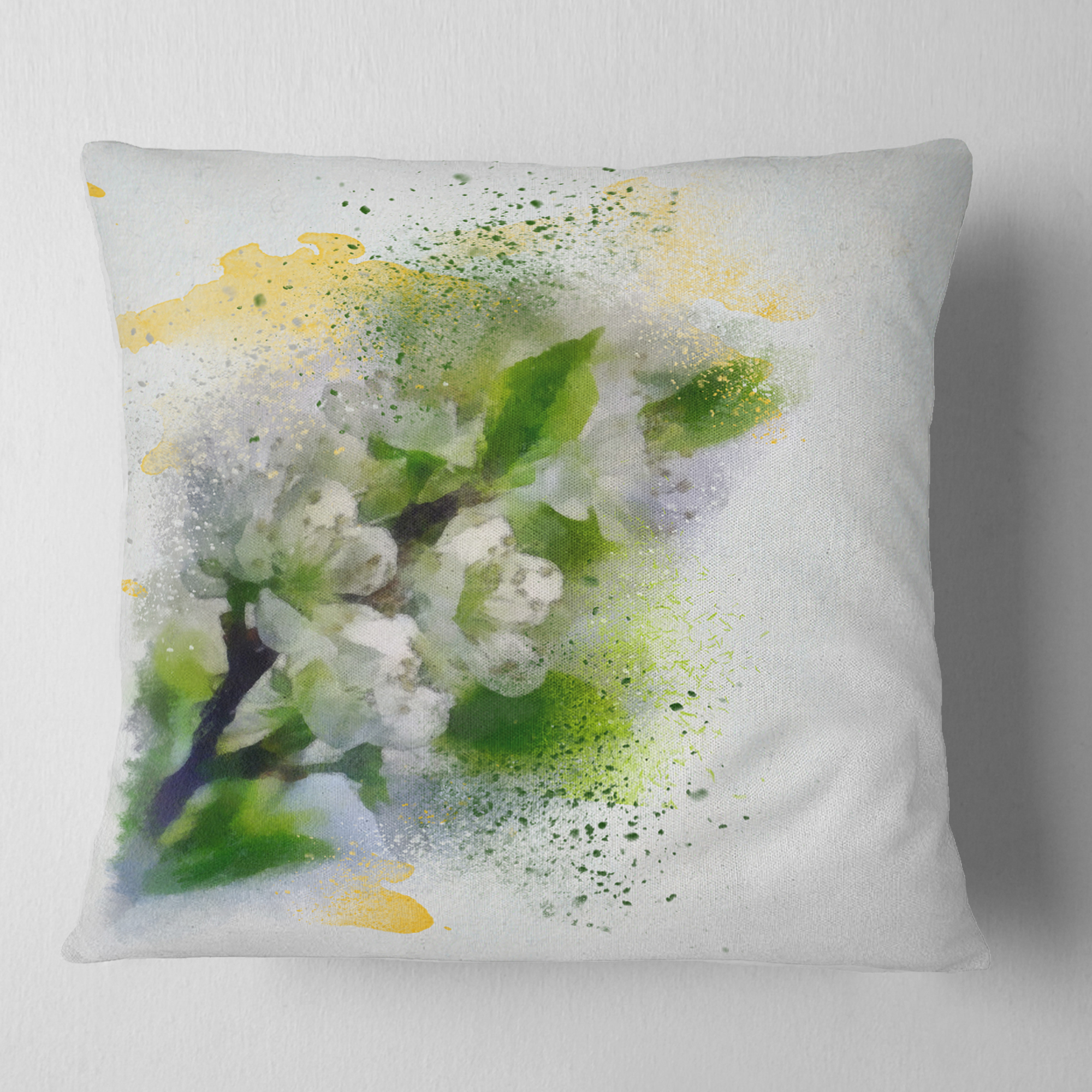 Designart Cherry Branch with Leaves and Flowers - Flower Throw Pillow - 18x18