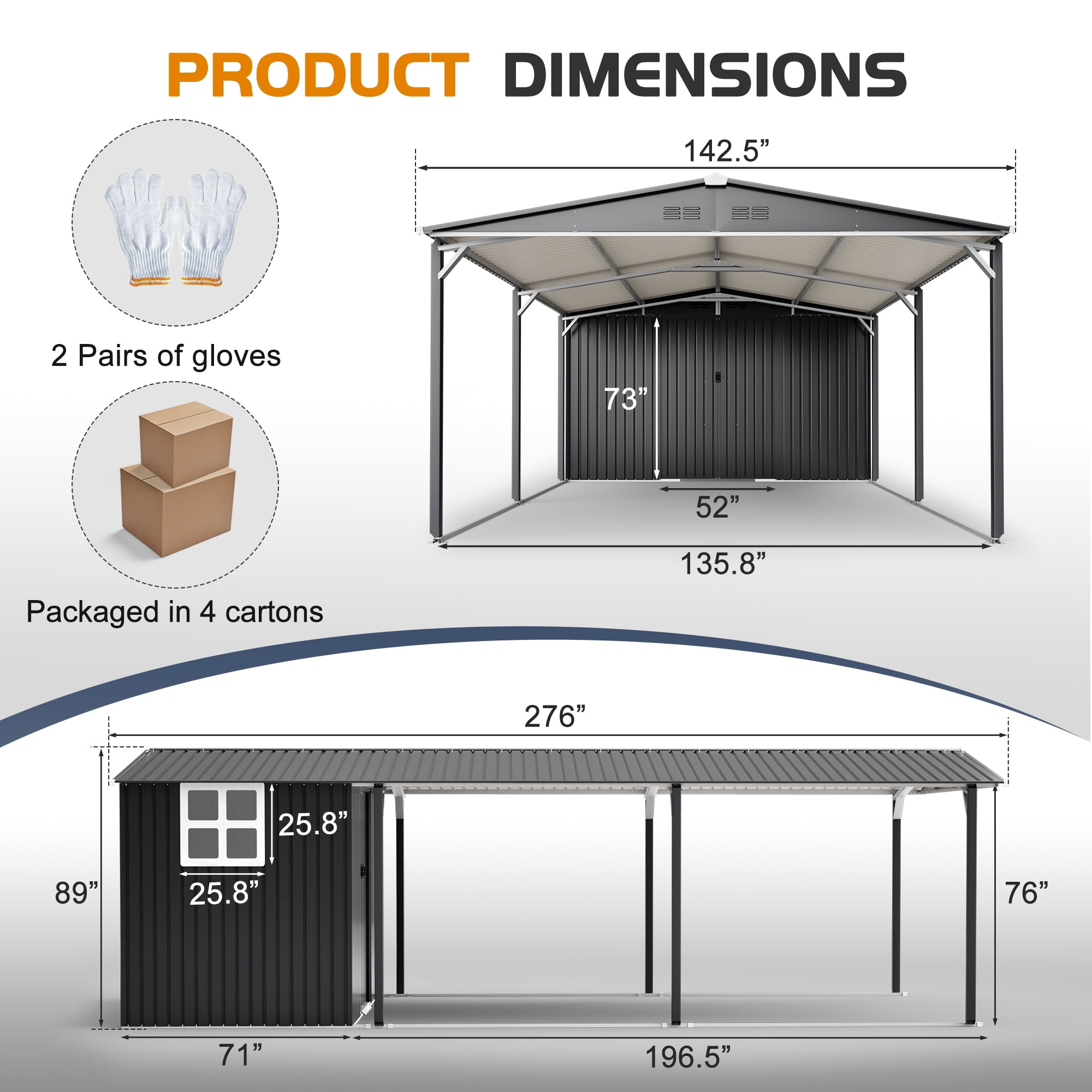 DTTRA 12x23 FT Metal Carport and Storage Shed Combo, Heavy Duty Steel Garage Shelter with Sliding Door, UV Panel, Air Vents & Sloped Roof for Car, Boat and Tractor, Gray