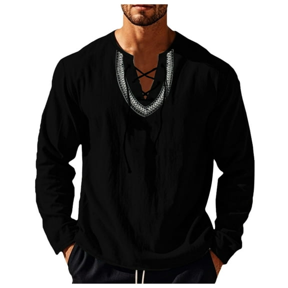 khonts,Men's Embroidered V-Neck Drawstring T Shirts Oversized Long Sleeve Tee Shirts Stylish Comfy Casual Tops Black S