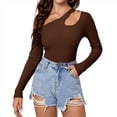 thumbnail image 1 of Camiseta de Mujer con Cuello Asimétrico, Hombros Descubiertos, Larga, Acanalada, Ajustada, para Salir, con un Solo Hombro Marrón Oscuro XL, 1 of 10
