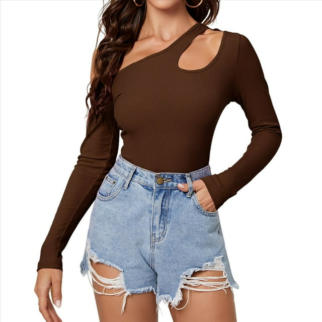 Camiseta de Mujer con Cuello Asimétrico, Hombros Descubiertos, Larga, Acanalada, Ajustada, para Salir, con un Solo Hombro Marrón Oscuro XL