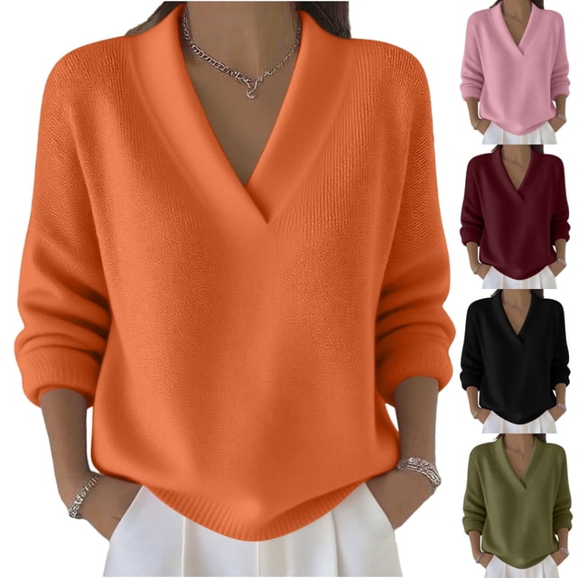 Cadancy Suéter Tops para Mujer Cuello en V Manga Larga Jersey Elegante Casual Suéteres de Punto Más Tamaño Suelto Color Sólido Acogedor Moda Otoño Invierno Ropa,Orange,M