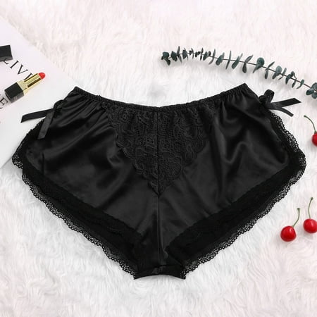 Hamky Womens Underwear Cotton Underwear Silk Satin Flowers Floral Lace Pajamas Underwear Women Shorts S-XXXL Seamless Underwear Hipster Panties Black M