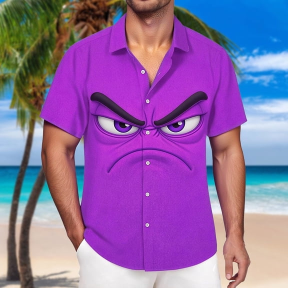 TrendOFT Button Down Shirt Men Vintage Western Cowboy Element Allover Print Lapel Short Sleeve Casual Top Summer Spring Loose Relaxed Outdoor Vacation Wear Blouses Mens Casual Tees Dark Purple