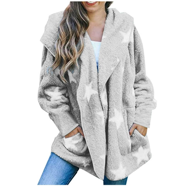 KIHOUT Womens Winter Long Sleeve Solid Fuzzy Fleece Open Front Hooded Cardigans Jacket Coats Outerwear with Pocket