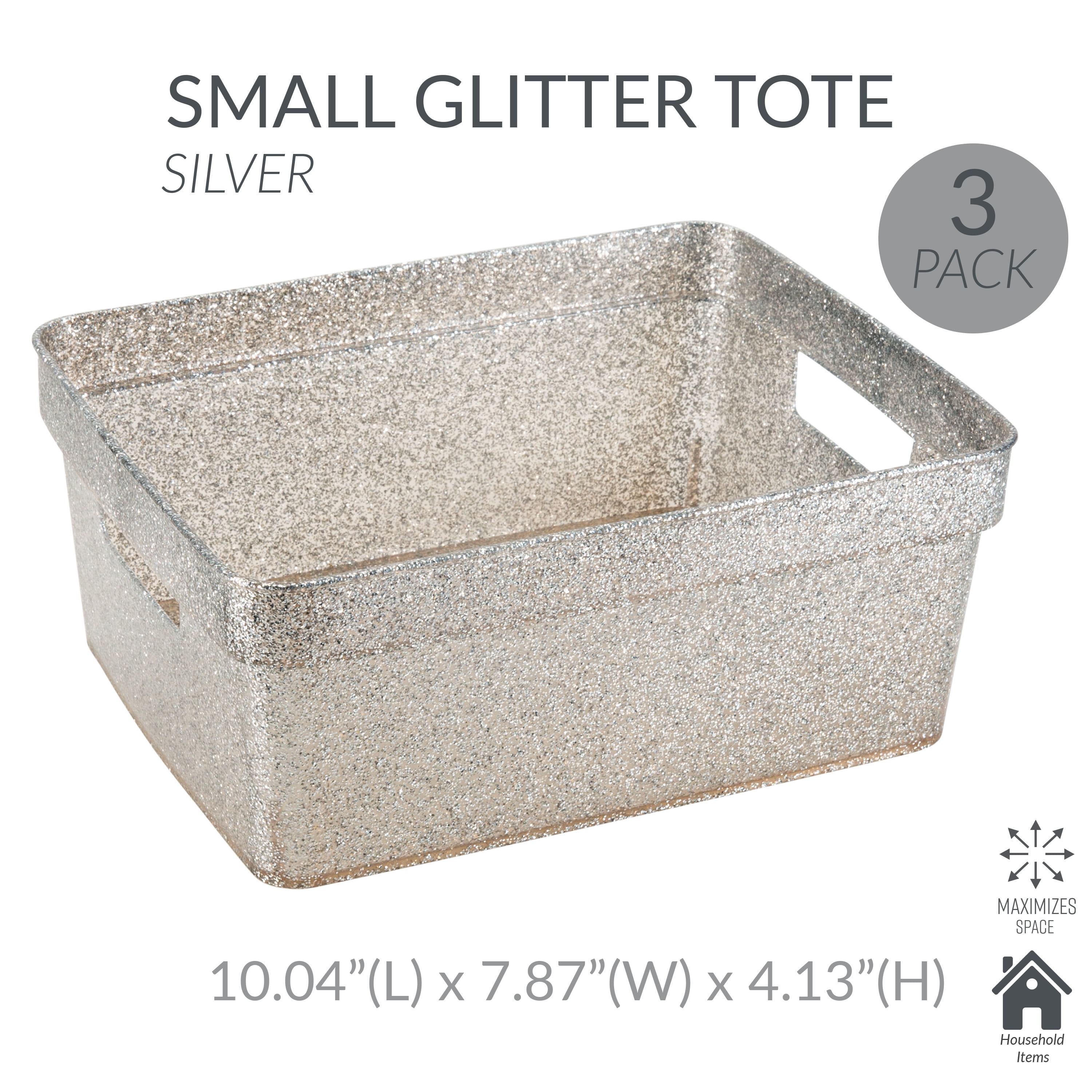 Simplify 3 Pack Small Polypropylene Glitter Storage Tote Baskets, Silver