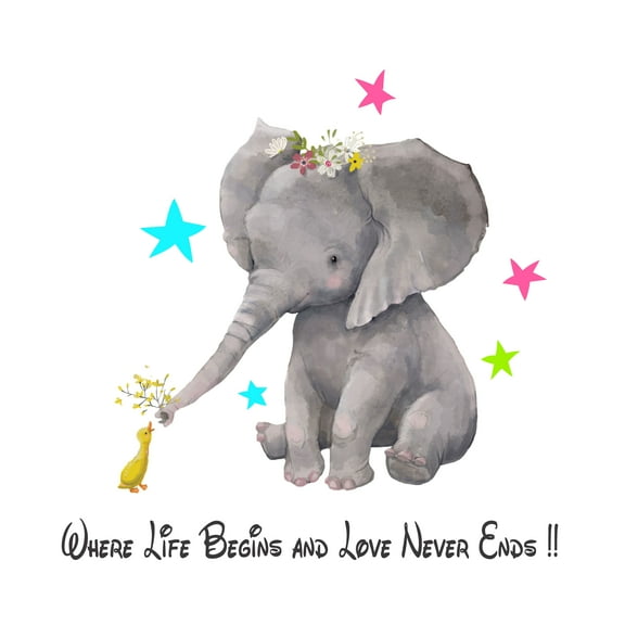 ELEPHANTS - Inspirational Quotes Décor - Where Life Begins And Love Never Ends - Elephant & Duckling Watercolor Painting Design Vinyl Home Kids Bedroom Wall Decal Sticker 20" x 20"