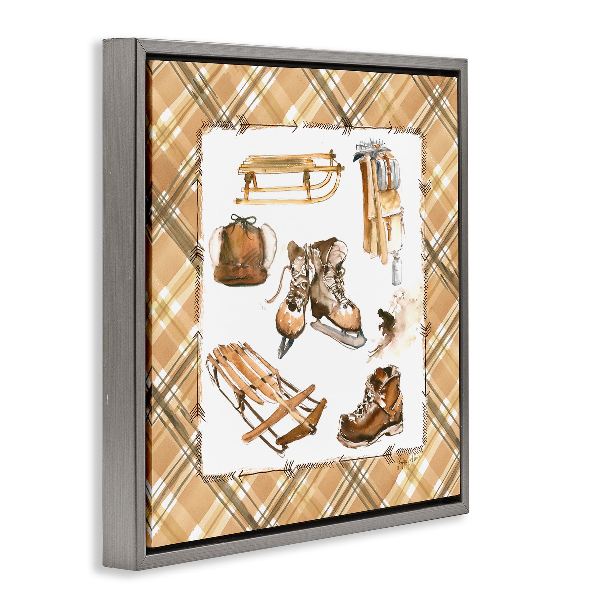 Stupell Industries Plaid Winter Sports Sports Painting Gray Floater Framed Canvas Art Print Wall Art, 18 x 18
