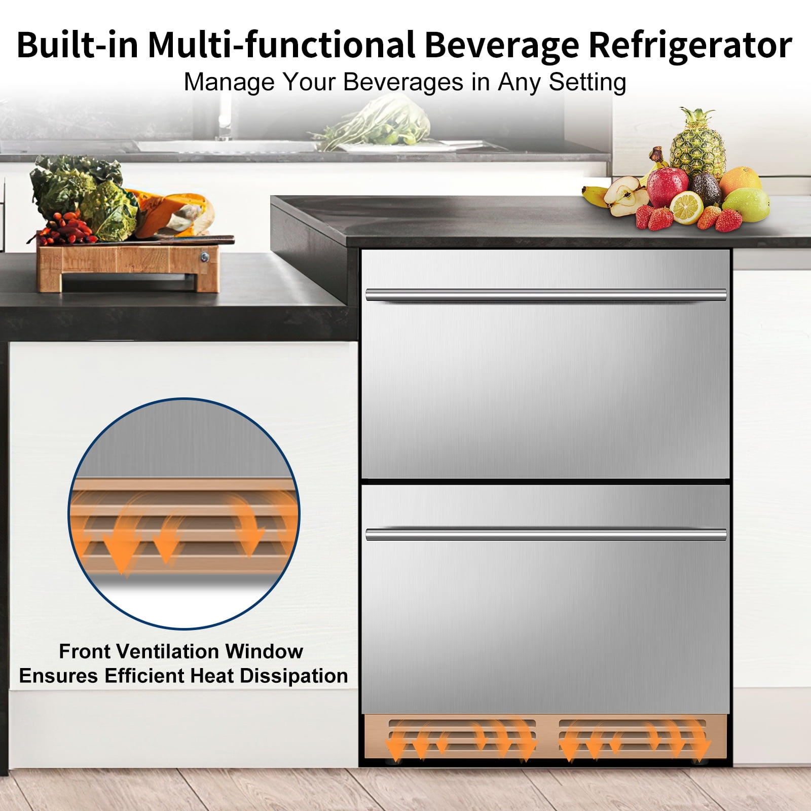 Nipus 24 Inch Double Drawer Beverage Refrigerator,180 Cans,Wine Beer Cooler Under Counter,2 Grid Organizer,for Indoor or Outdoor,Silver
