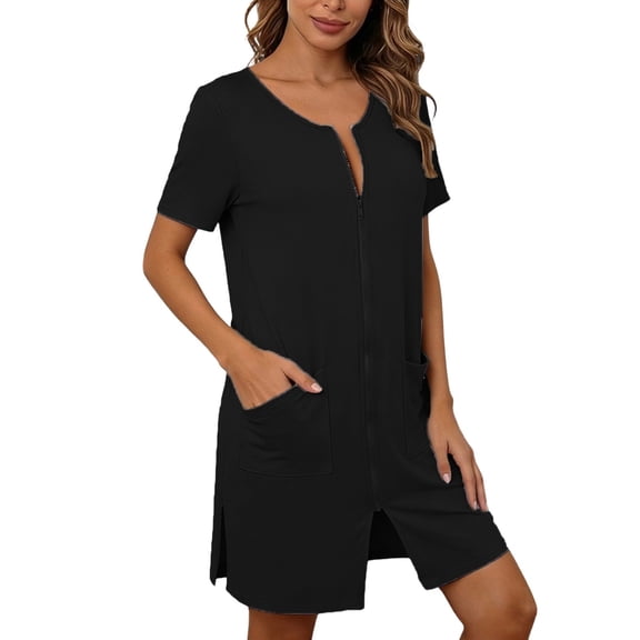 XIAONU Women's Solid Zip Front Pocket Mini Sleepwear Loose Short Sleeve Split Neck Loungewear Soft Sleek Sleep Nightgowns