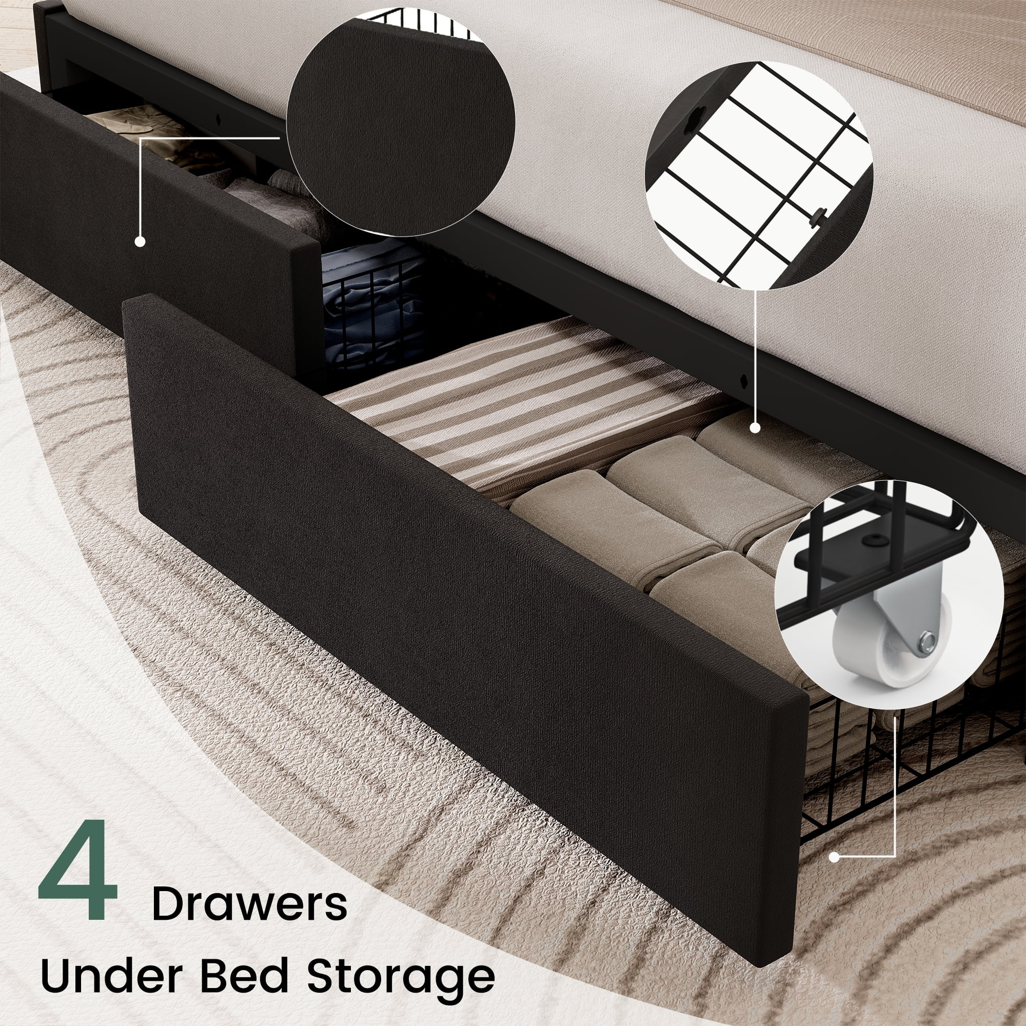 Breltam King Size Upholstered Platform Bed Frame with 4 Storage Drawers and Vertical Linen Wingback Channel Tufted Headboard