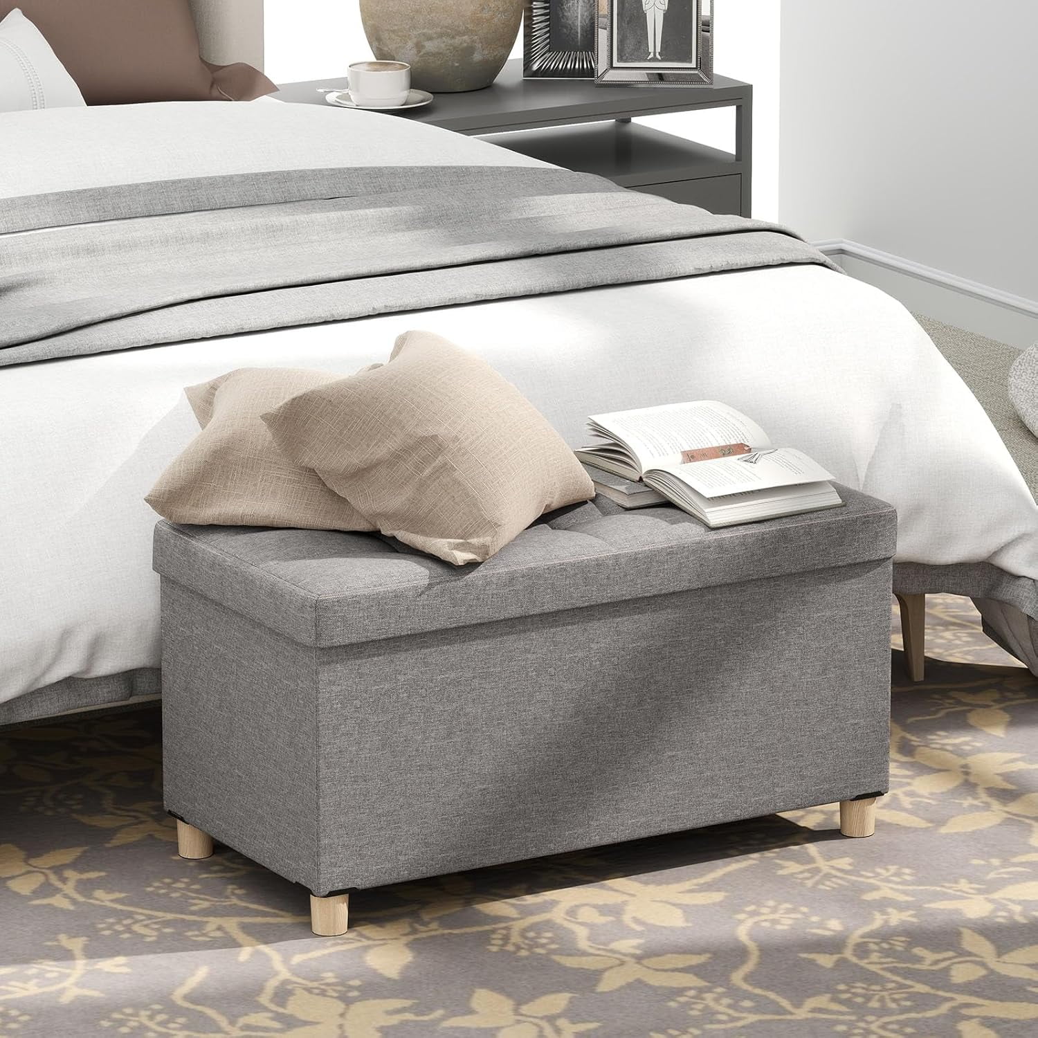 GOFLAME 30 Inches Storage Ottoman Bench, Linen Fabric Footstool with Flip Top Tray, Padded Foot Rest Stool, Rectangular Eed of Bed Bench, Storage Chest for Living Room, Bedroom, Entryway